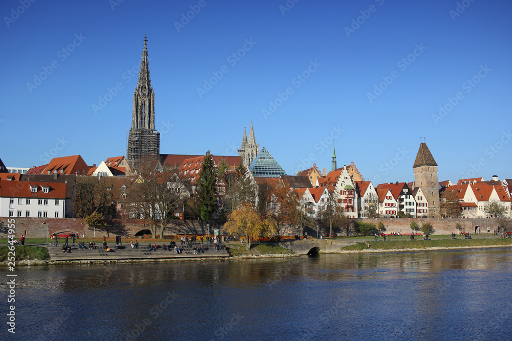 Obraz premium Ancient Ulm old city wall autumn season, Germany, Lutheran minster Baden-Württemberg, Highest christian church, Travel destination advertisement backgrounds