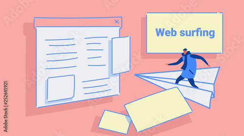 man flying on paper plane to website page browser web surfing concept casual guy in winter clothes browsing on airplane sketch doodle horizontal