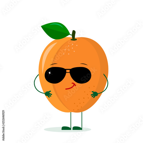 A cute ripe apricot character in the style of a cartoon in sunglasses. Logo, template, design. Vector illustration, a flat style