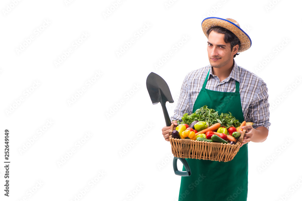 Young farmer with fresh produce isolated on white background