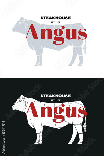 Butcher Speciality Meats shop logotype or sign. With chart of cuts of bull Angus. Vintage style.