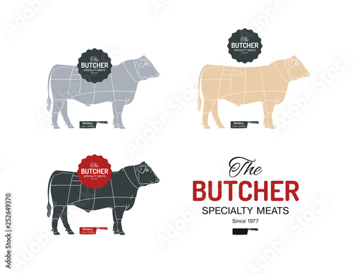 Butcher Speciality Meats shop logotype or sign. With chart of cuts of bull Angus. Vintage style.