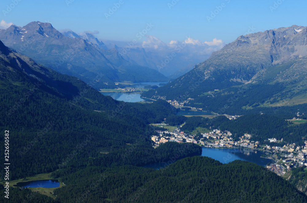 Swiss alps: The panoramic view from Muotas Muragl view to the glacier lakes in the upper Engadin