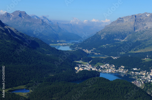 Swiss alps: The panoramic view from Muotas Muragl view to the glacier lakes in the upper Engadin