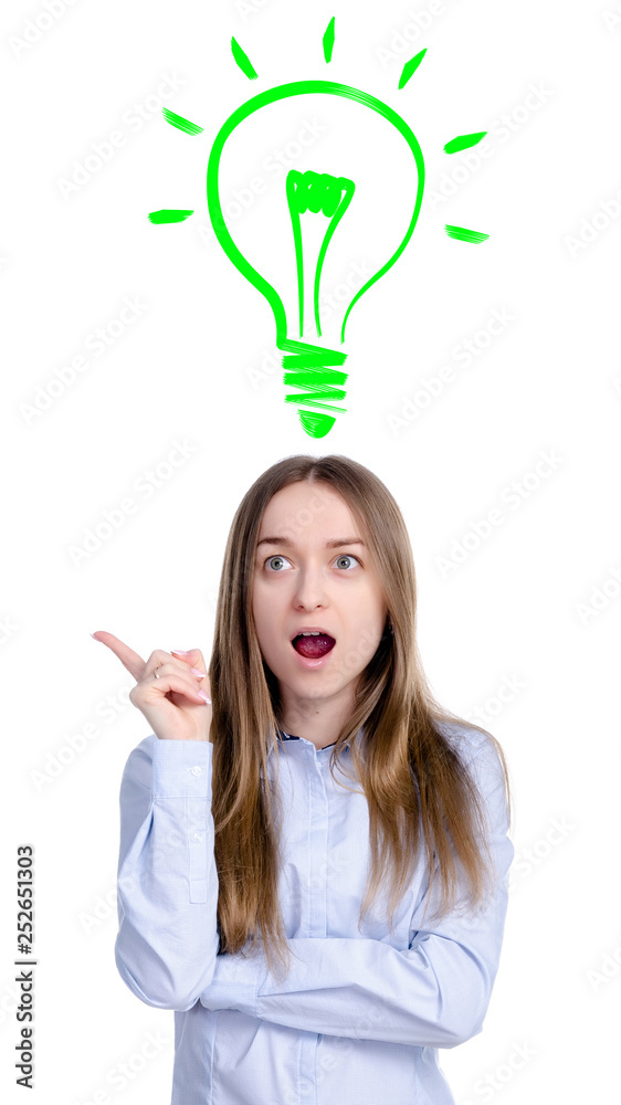 Woman thinking got an idea on white background isolation Woman thinking got an idea on white background isolation