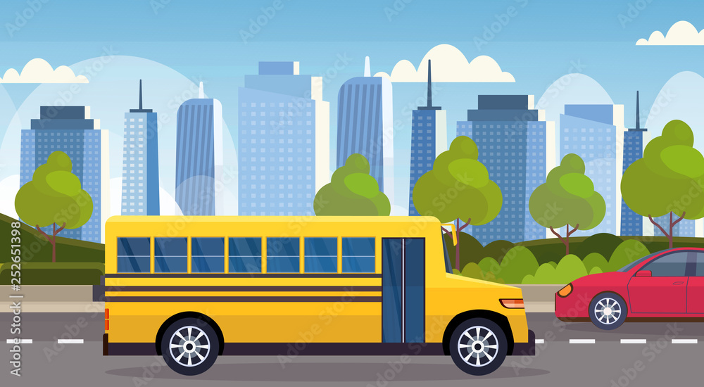 yellow school bus driving asphalt road city urban traffic concept cityscape background flat horizontal