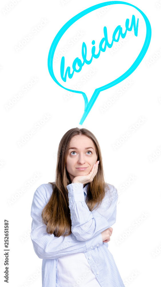 Woman dream holiday travel vacation relax cloud on white background isolation Woman dream holiday travel vacation relax cloud on white background isolation