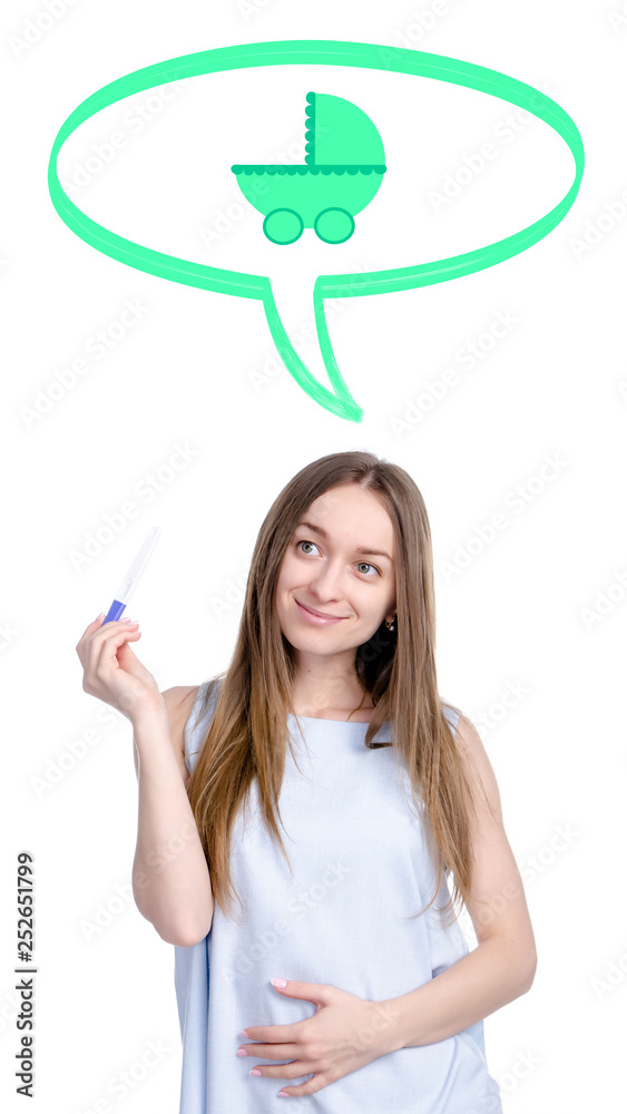 Woman with a pregnancy test dream about baby on white background isolation