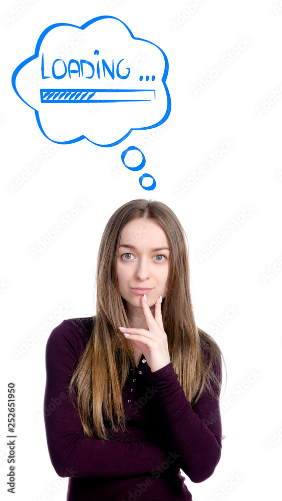 Woman thinking loading on white background isolation Woman thinking loading on white background isolation