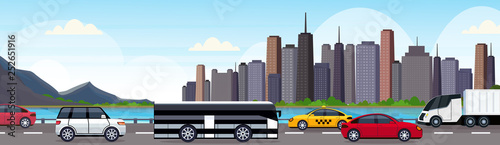 cars and passenger bus driving asphalt highway road over beautiful river mountain city panorama skyscrapers cityscape background skyline flat horizontal banner