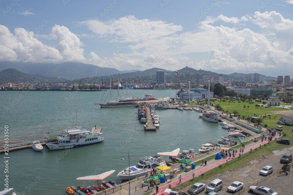 Moorage for boats. View Of Embankment Of The Georgian Resort Town Of Batumi