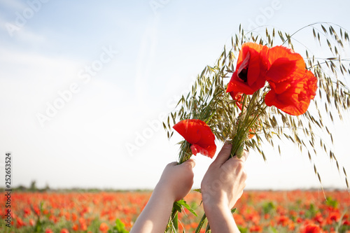 Mom and child with a bouquet of flowers. In the flower field, wild poppies.