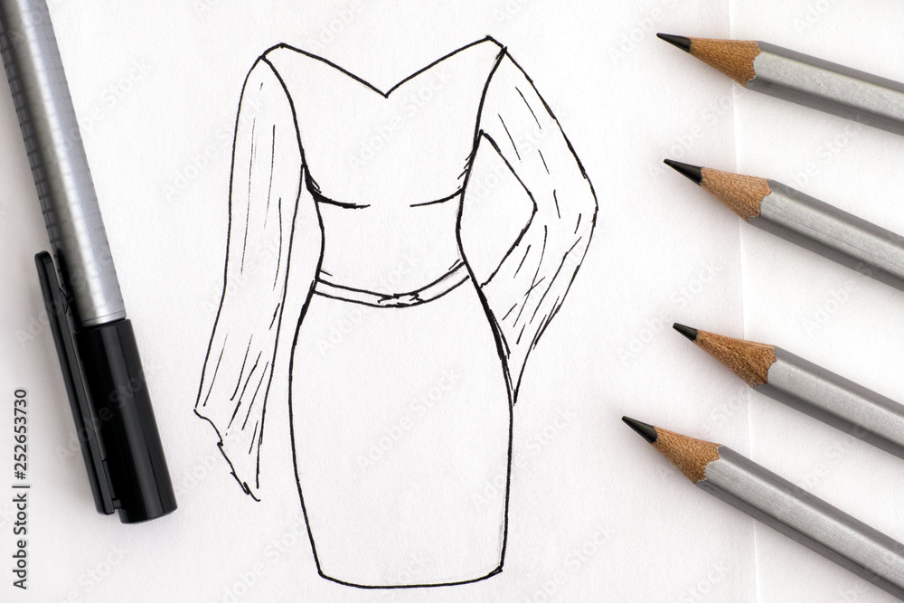 Hand drawing dress with black pen and pencils. Stock Photo Adobe Stock
