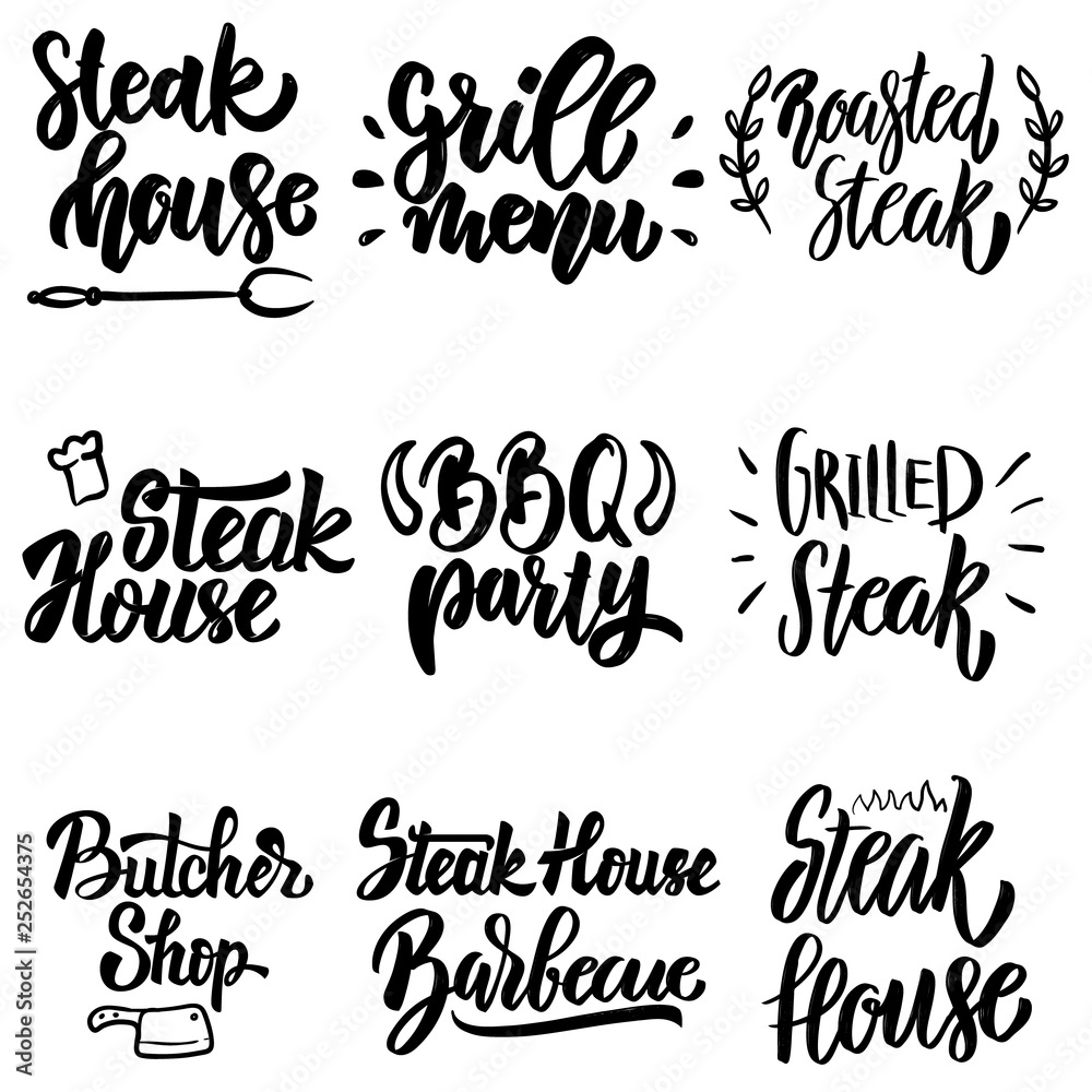  Set of steak house, grill menu, bbq party lettering. Design element for poster, card, banner, menu.