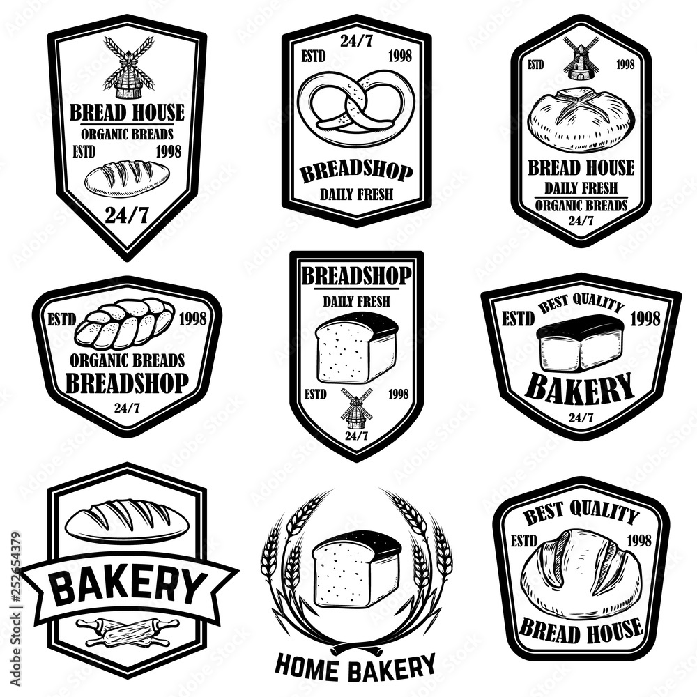 Set of bakery, bread shop emblems. Design element for logo, label, sign, banner, poster.