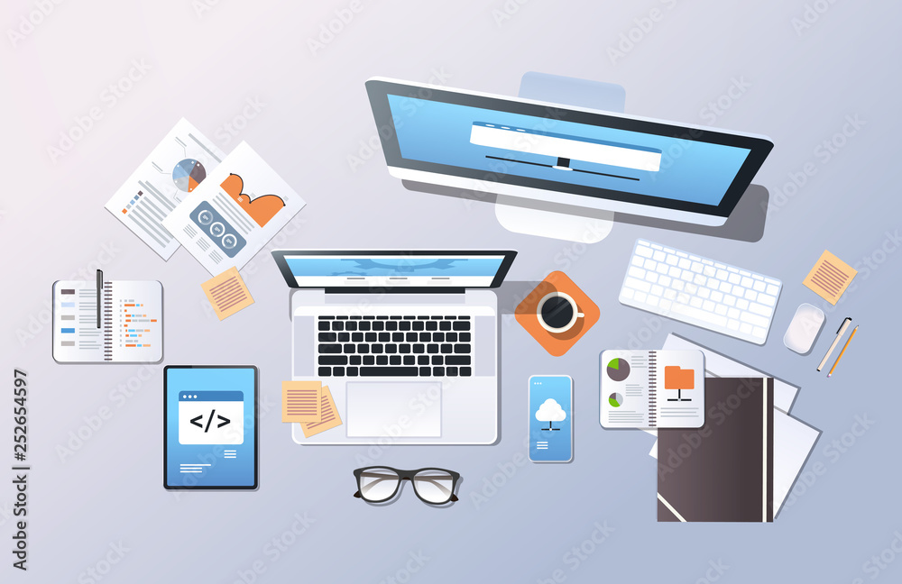 cloud data center computer connection hosting server database synchronize concept top angle view desktop laptop smartphone tablet screen office stuff horizontal