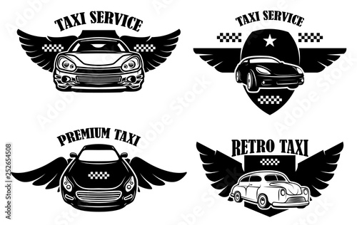 Set of taxi service emblems. Signs with winged taxi cars. Design element for logo, label, sign, poster.