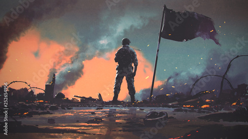 Fototapeta żołnierz stojący samotnie po wojnie na polu bitwy, w cyfrowym stylu sztuki, malarstwa ilustracyjnego