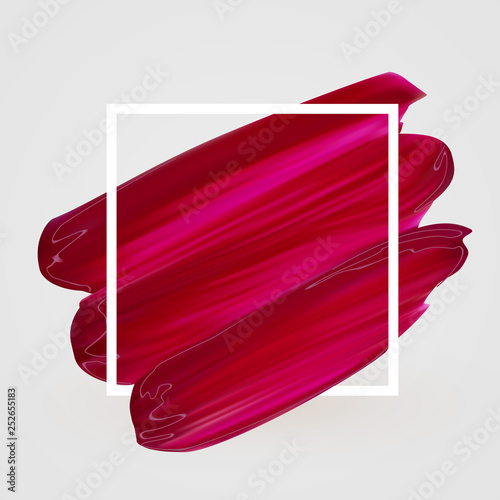 Pink vector lipstick smear. Female girly logo. Paint brush red stroke in frame, banner template. Makeup or nail salon design element