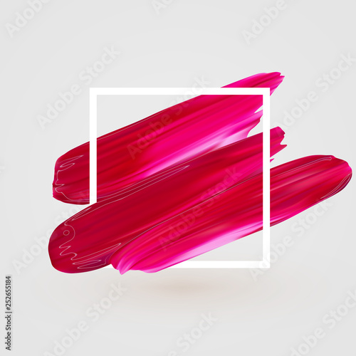 Pink vector lipstick smear. Female girly logo. Paint brush red stroke in frame, banner template. Makeup or nail salon design element