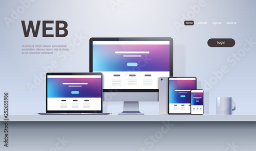 web technology network concept laptop smartphone tablet pc monitor gadgets networking screen office workplace horizontal copy space
