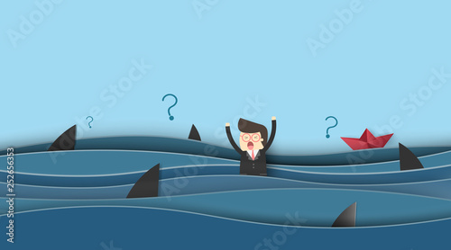 Businessman drowning in the sea with sharks,Business concept,Paper art style.