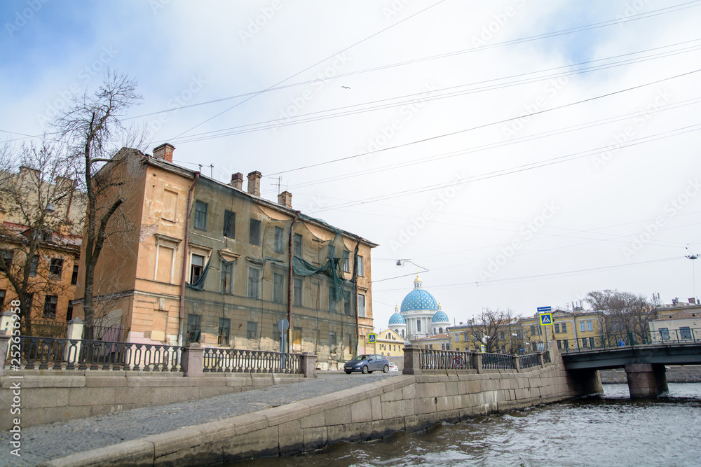 View of buildings, streets, bridges, rivers and canals of St. Petersburg, Russia.