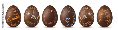 Easter egg 3d. Chocolate brown eggs set, isolated white background. Traditional sweet candy dessert, decoration Happy Easter celebration. Flower design element holiday, greeting. Vector illustration