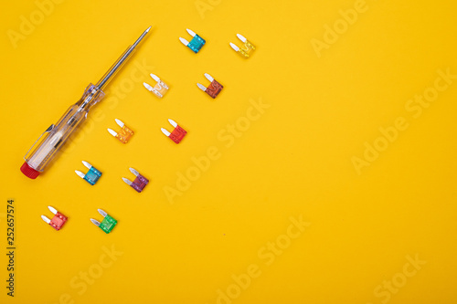 Set of electrical tool on colorful background photo