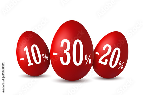 Easter egg sale. Happy Easter eggs 3D template isolated on white background. 10, 20, 30 percent off. Design banner, poster, promotion decoration, special offer. Label tag discount. Vector illustration