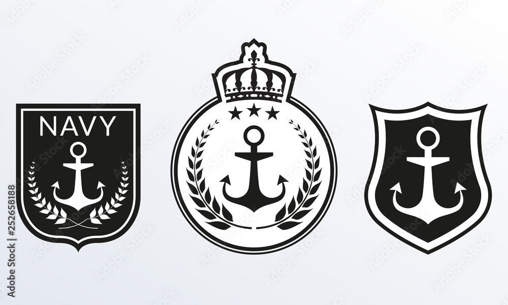 Navy badges set. Marine Patches logo collection. Nautical emblems with Shield and Anchor. Vector illustration. Navy badges set. Marine Patches logo collection. Nautical emblems with Shield and Anchor. Vector illustration.