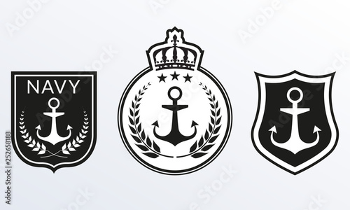 Navy badges set. Marine Patches logo collection. Nautical emblems with Shield and Anchor. Vector illustration. 