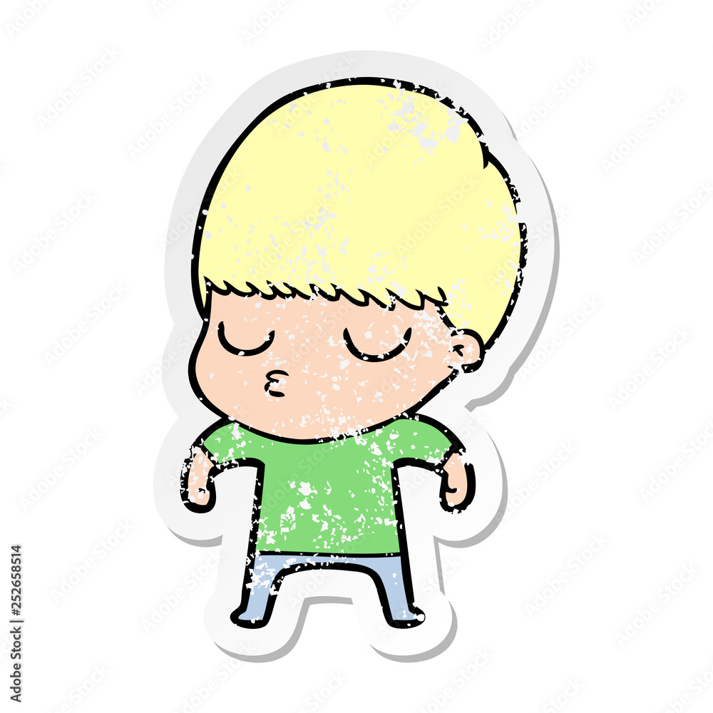 distressed sticker of a cartoon calm boy distressed sticker of a cartoon calm boy