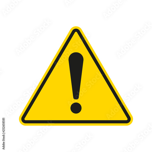 Caution warning sign with exclamation mark. Alert, danger, hazard, attention and error symbol. Yellow road sign. Triangle shape. Vector illustration.