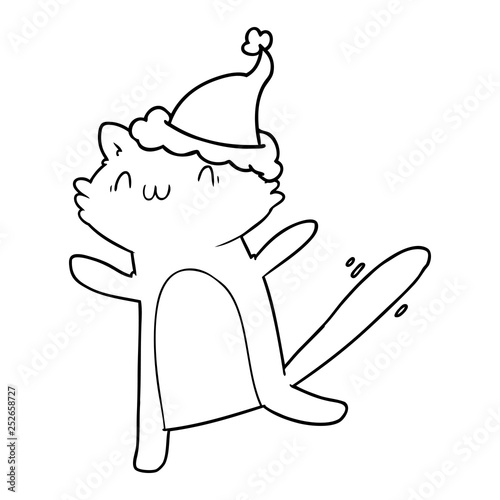 line drawing of a dancing cat wearing santa hat