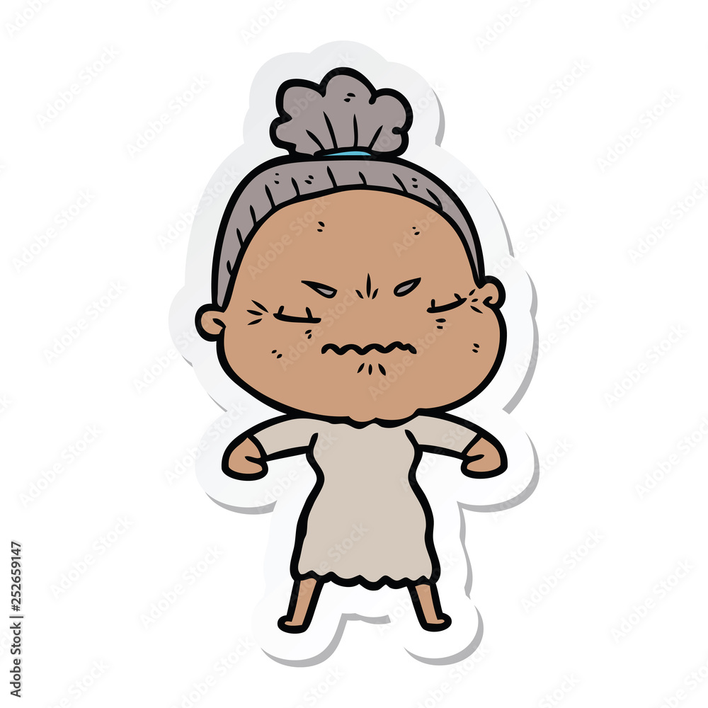 sticker of a cartoon annoyed old lady sticker of a cartoon annoyed old lady