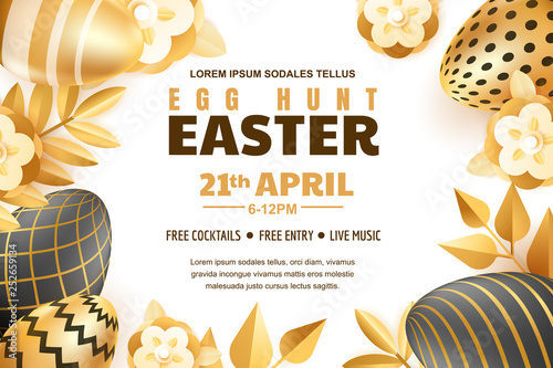 Egg hunt Easter banner, poster or flyer template. Vector 3d gold and black realistic eggs and leaves illustration
