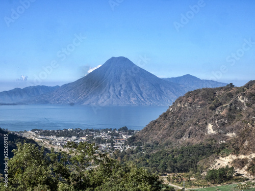 View of volcano Atitlan  Toliman and San Pedro over the lake Atitlan  Guatemala