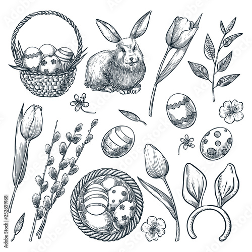 Easter eggs, basket, rabbit, willow and tulips. Vector sketch illustration. Spring holiday design elements set