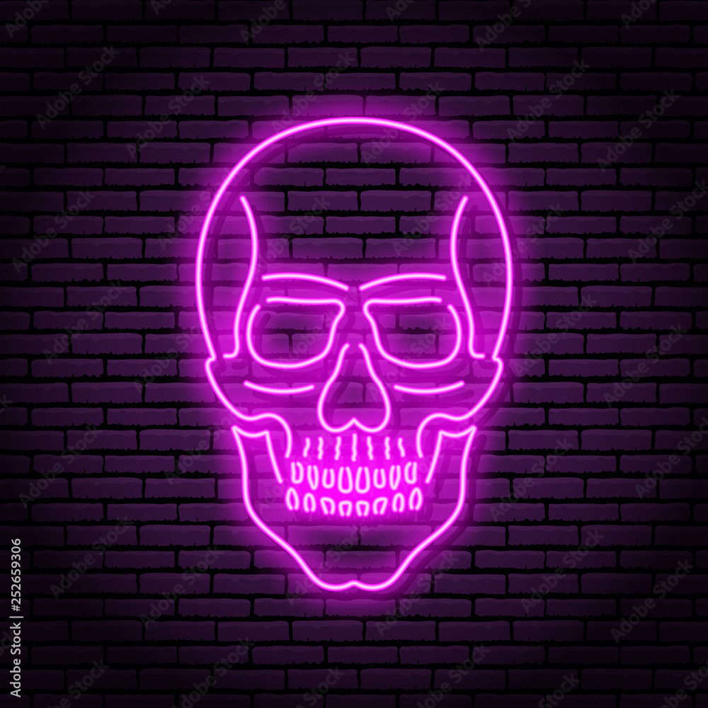 The image of the skull of neon purple lamps with a bright glow on the  background of a brick wall. Stock Vector
