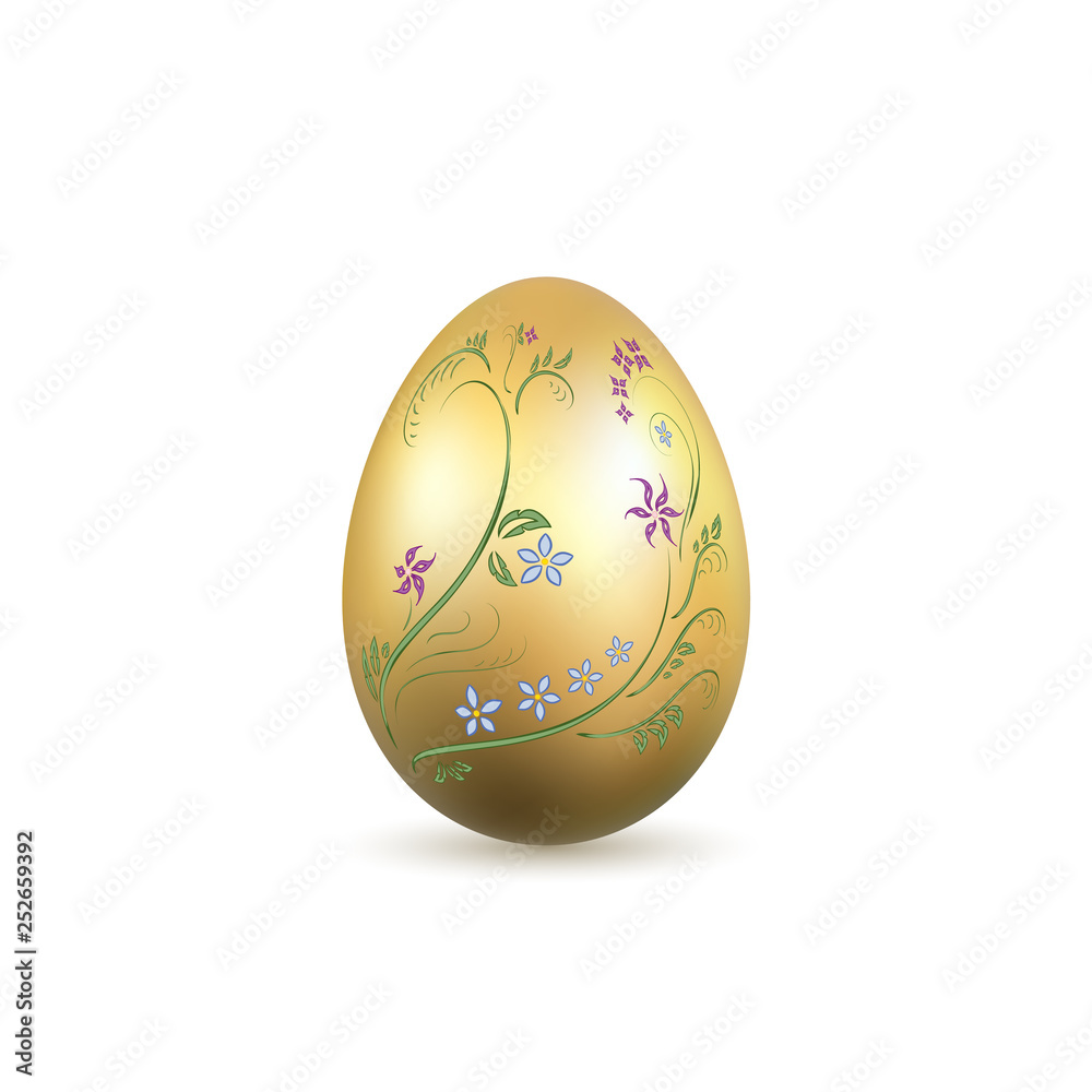 Easter egg 3D icon. Gold egg, isolated white background. Floral hand drawn design, flower branch decoration pattern Happy Easter celebration. Holiday element. Spring symbol. Vector illustration Easter egg 3D icon. Gold egg, isolated white background. Floral hand drawn design, flower branch decoration pattern Happy Easter celebration. Holiday element. Spring symbol. Vector illustration