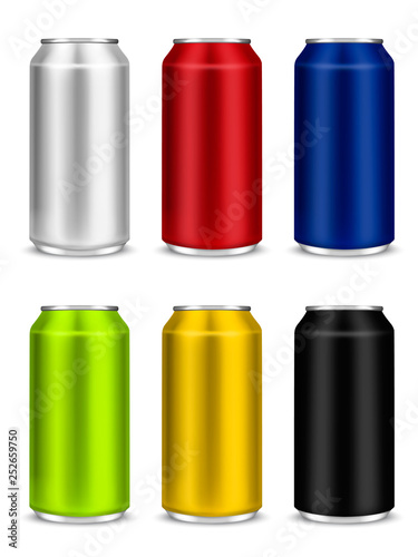 Color set aluminium beer can or soda pack mock up. Metallic cans isolated on white background. Vector illustration.