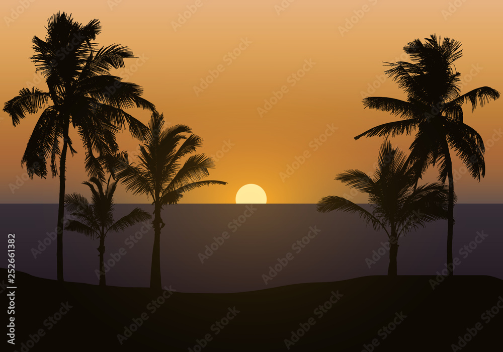 Realistic illustration of sunset over sea or ocean with beach and palm trees. Orange sky and space for text, vector