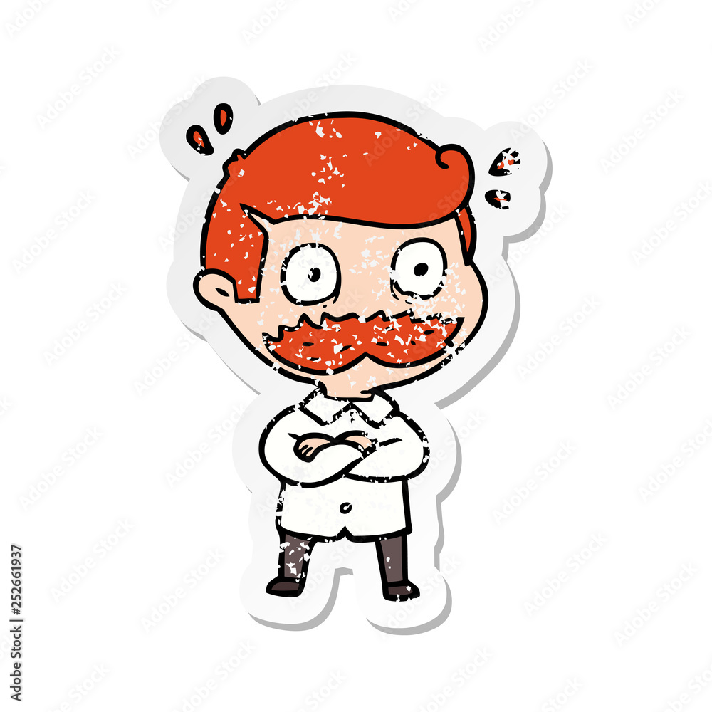 distressed sticker of a cartoon man with mustache shocked