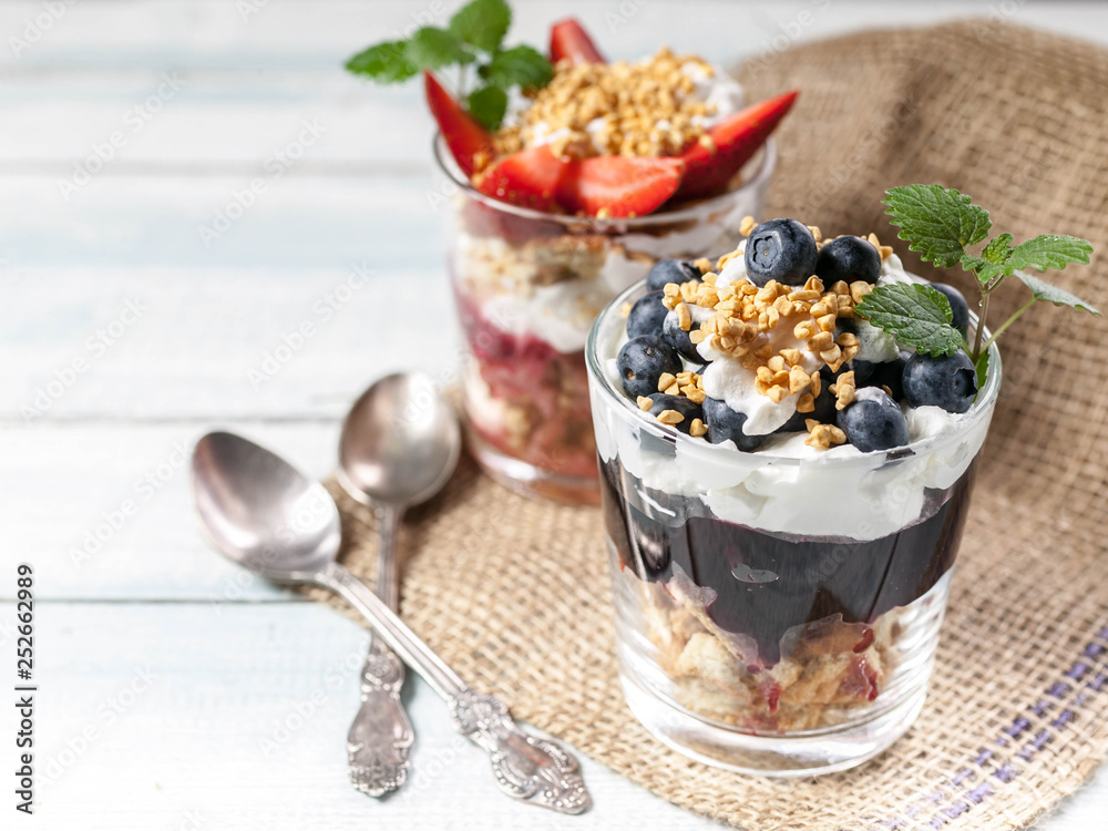 Nutritious layered breakfast of berries, yogurt and muesli Nutritious layered breakfast of berries, yogurt and muesli