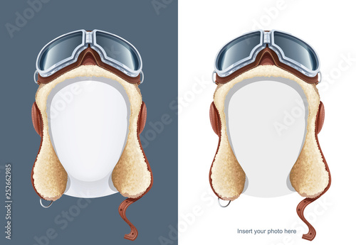 Pilot leather helmet. Winter hat with fur. Aviator headgear. Air trend. Male fashion. Warm dress. Occupation equipment. Isolated white background. Eps10 vector illustration.