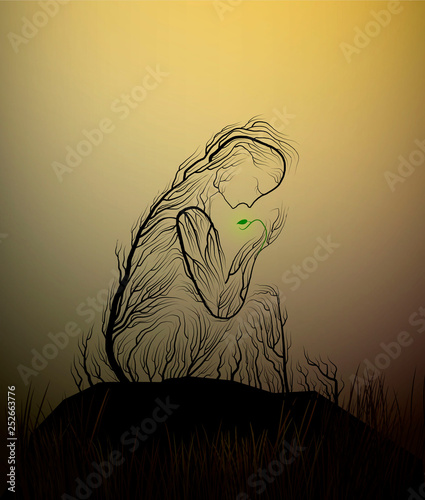 tree silhouette like a woman in the desert, tree looks like a woman holding the last green leaves, drought and tree, dry land idea, tree alive idea,