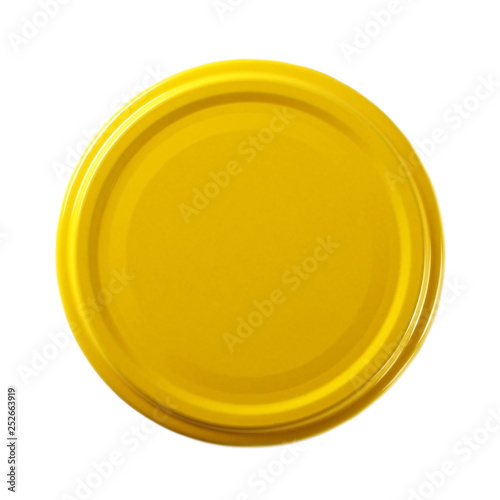 Yellow juice bottle lid isolated on white background, top view