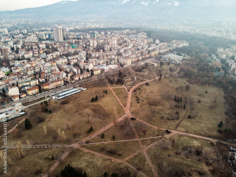 Aerial view of a Park in Sofia, Bulgaria with Vitosha mountain with Snow in winter