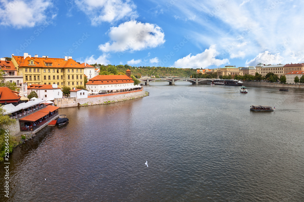 Vltava River panorama with bridges in Prague, the Czech Republic.